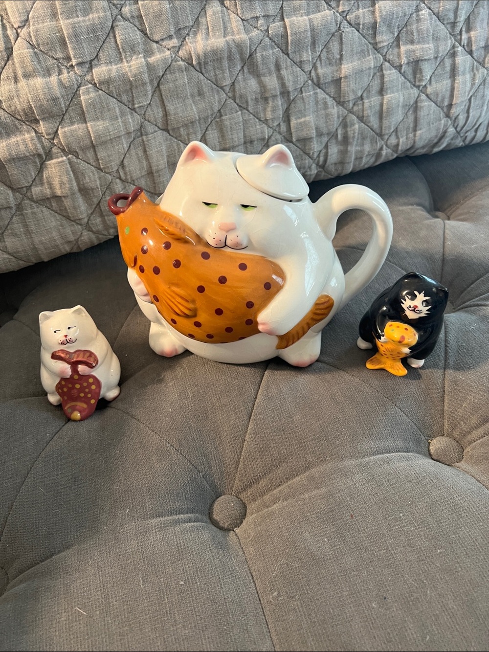 Whimsical White Cat Ceramic Teapot with Orange Fish and Salt Pepper Shakers